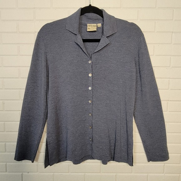 Vintage 80s Merino Wool Button Front Cardigan Sweater Blue Collared Knit Top M - Picture 2 of 10